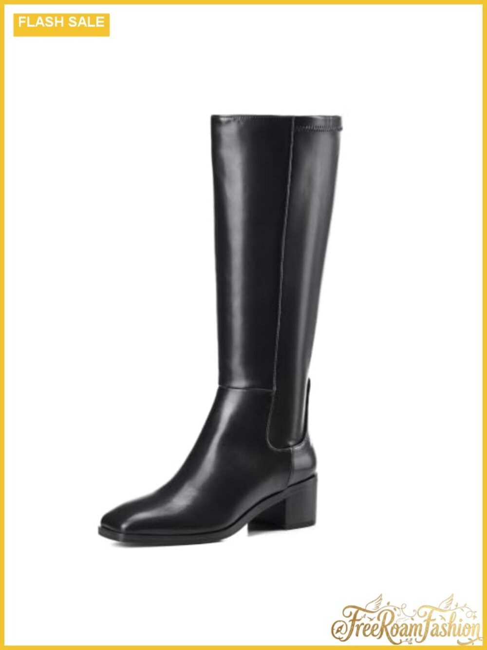 Women's Faux Leather Knee High Boots Low Block Heel Square Toe Side Zip